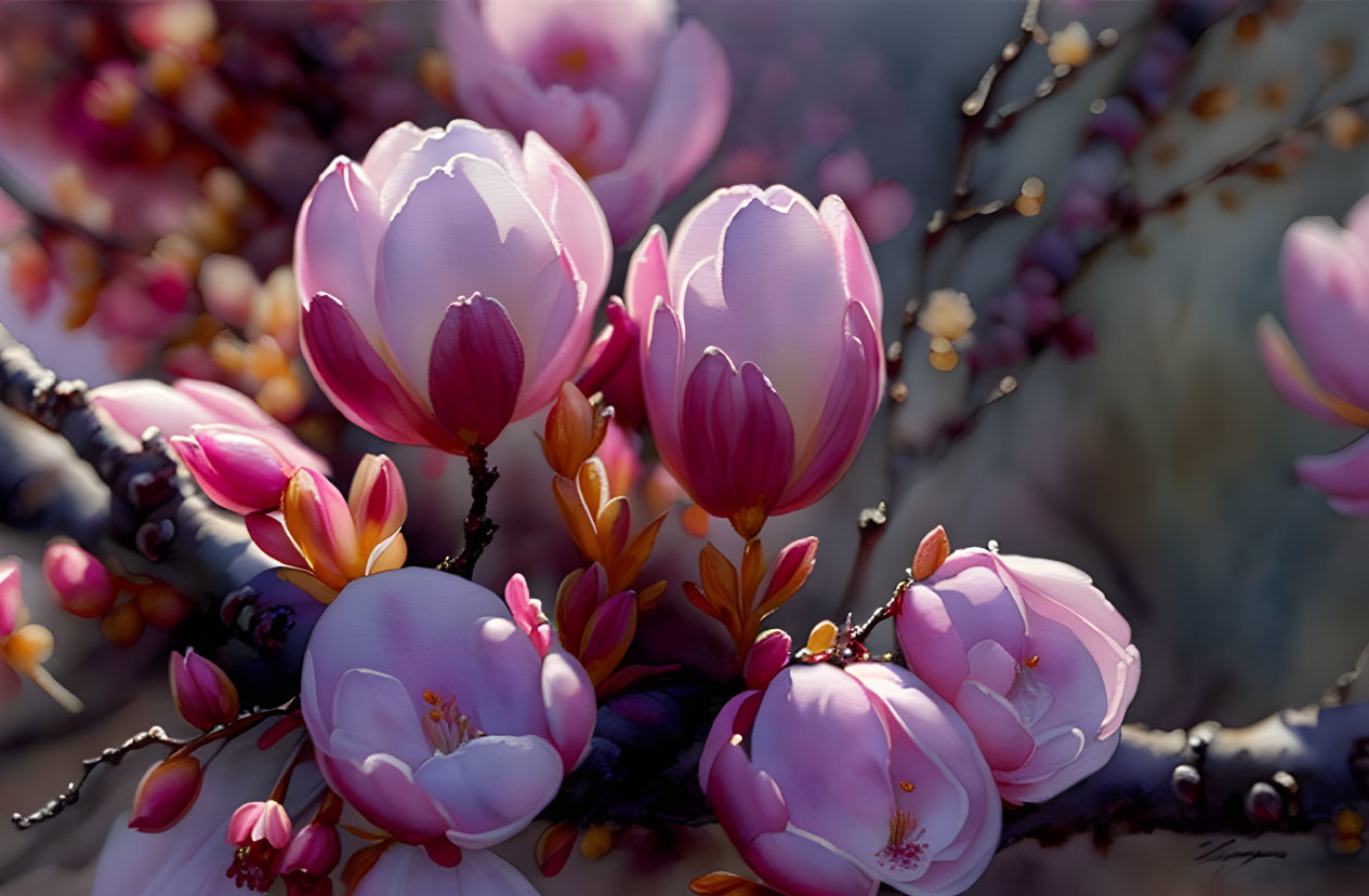 Delicate pink magnolia flowers in bloom with soft sunlight.