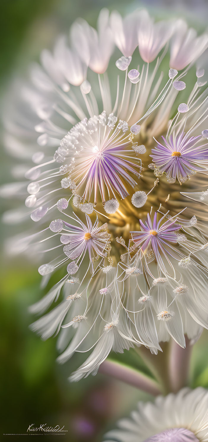 Delicate white flowers with purple centers and water droplets on soft green background