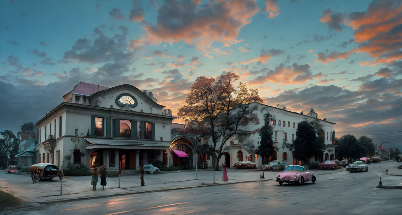 Classic cars parked by vintage buildings under dramatic sunset sky.