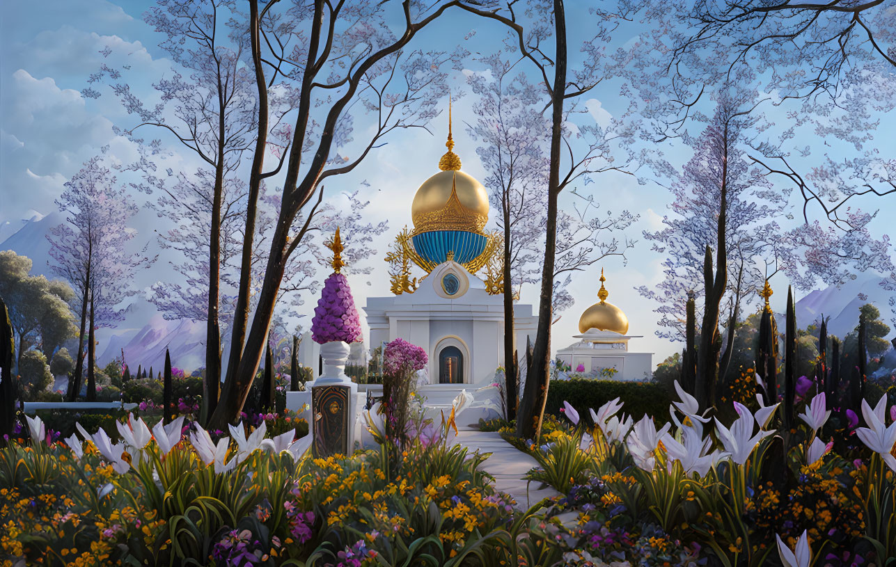 White and Gold Temple Illustration with Blooming Flowers and Mountain Backdrop