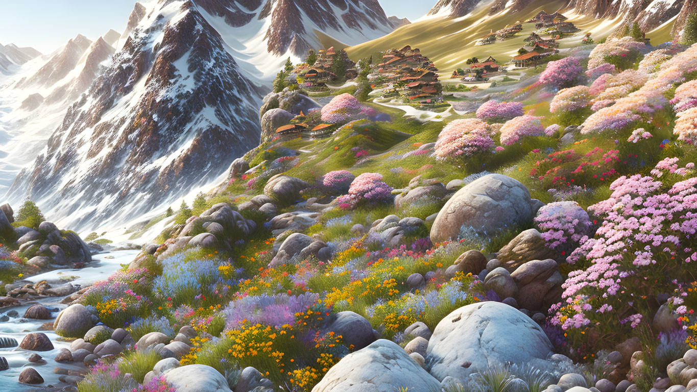 Scenic Mountain Landscape with Meadow, Stream, Houses, and Peaks