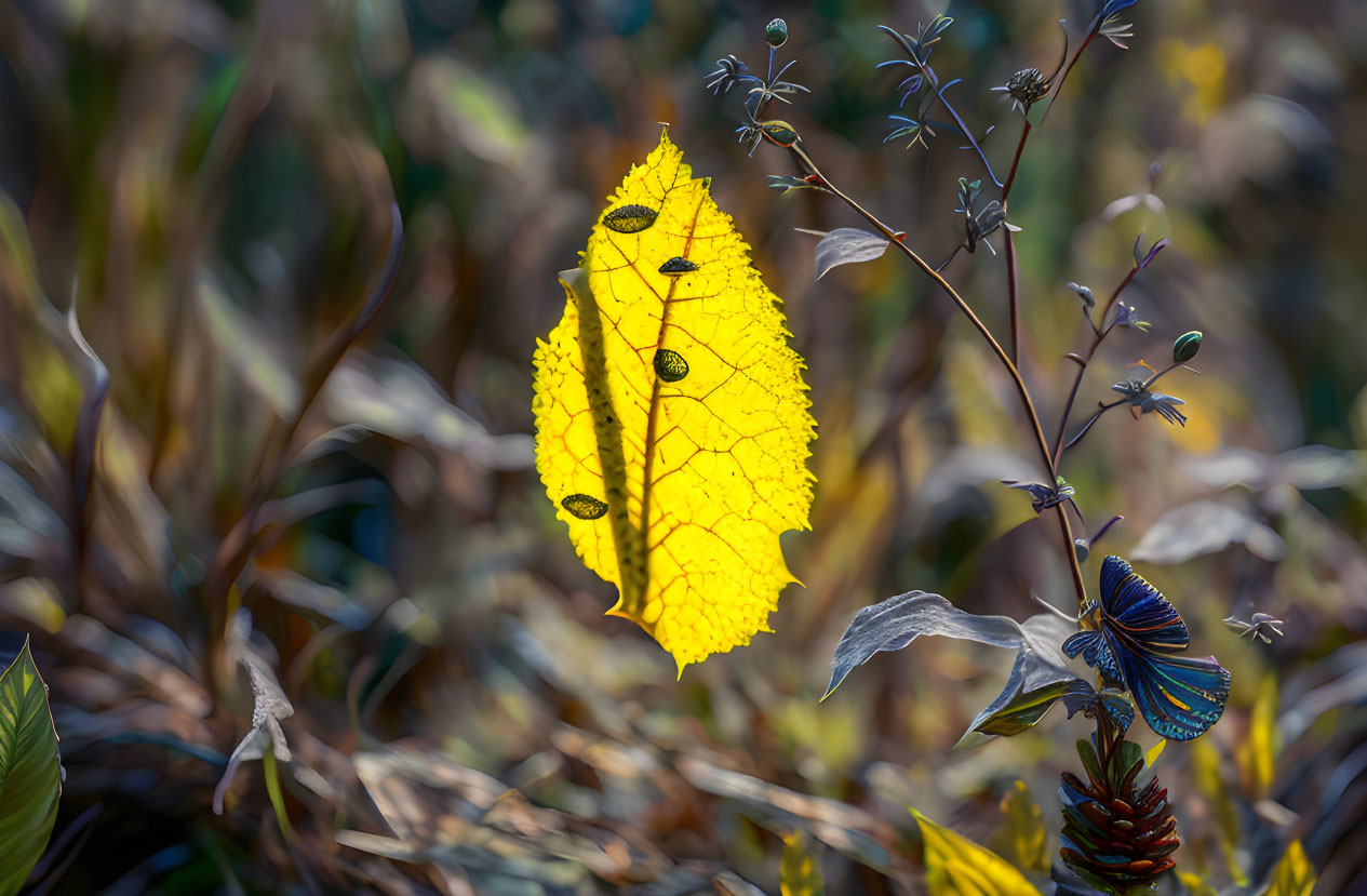 Yellow leaf in focus with blue butterfly on plant