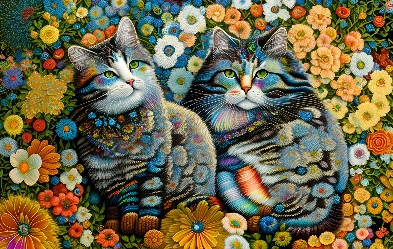 Vibrantly colored stylized cats among colorful flowers and intricate patterns