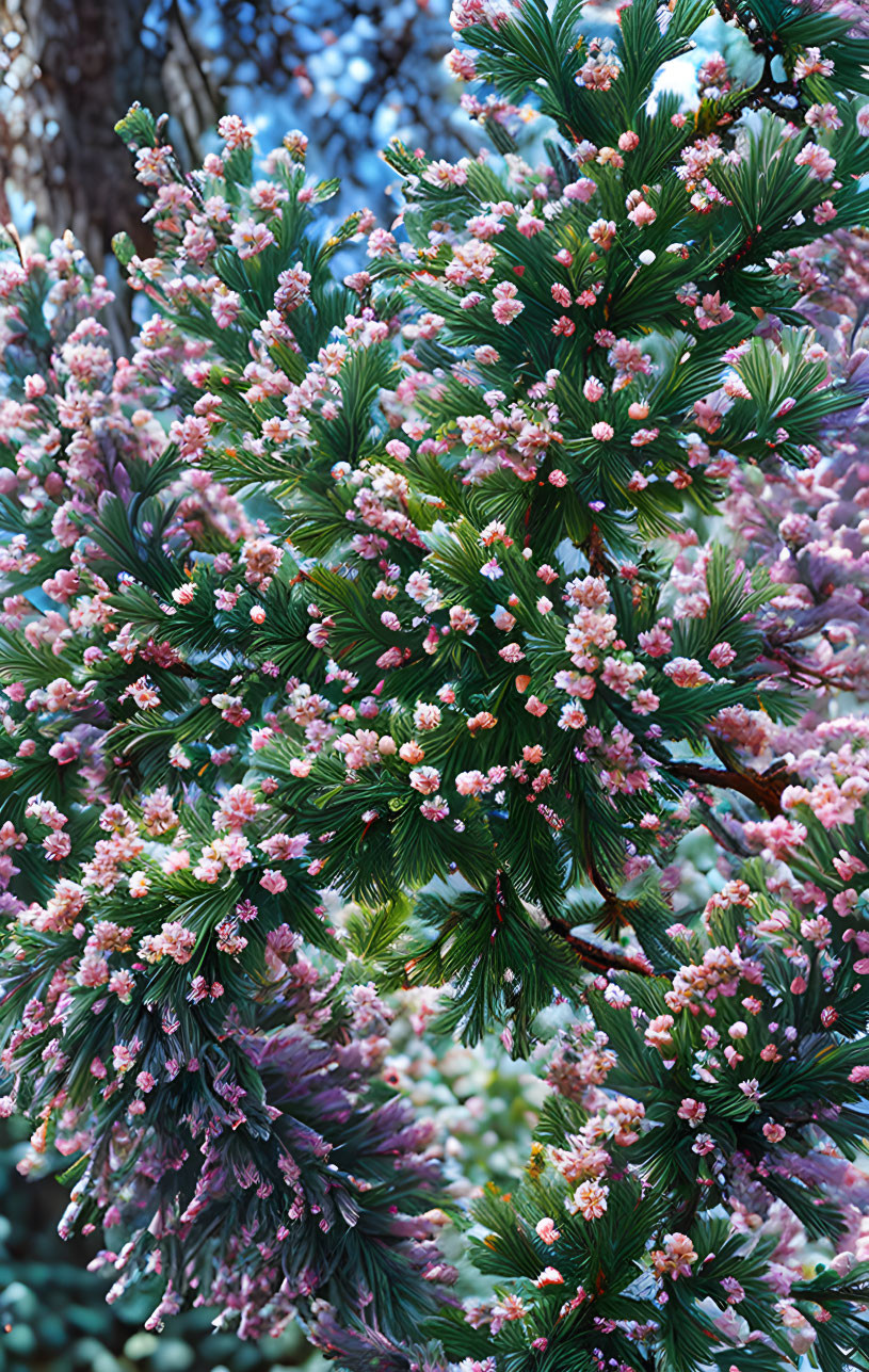 Detailed Close-Up of Pine Tree with Green Needles and Pink Flowers