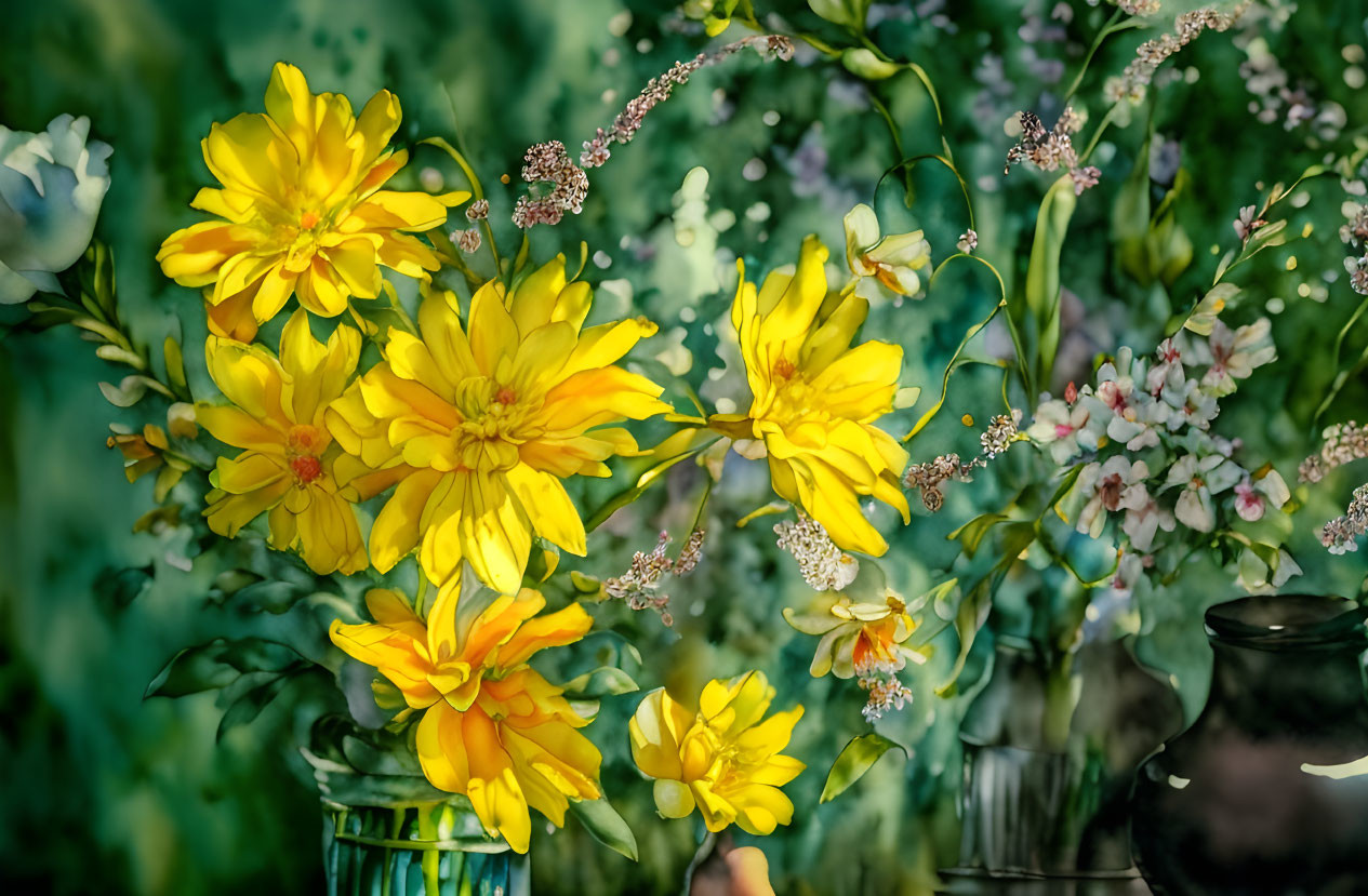 Yellow and White Flowers in Blue Vase on Green Background