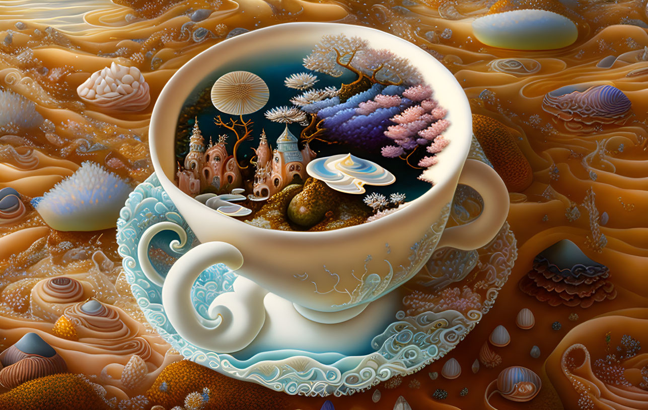 Surreal image of coffee cup transformed into underwater scene