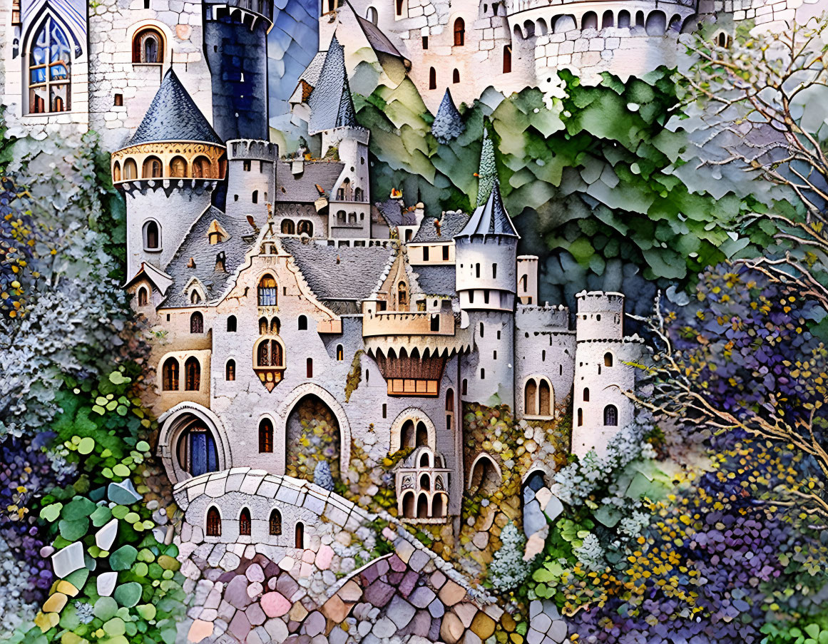 Vibrant Watercolor Illustration of Fantastical Castle in Whimsical Forest