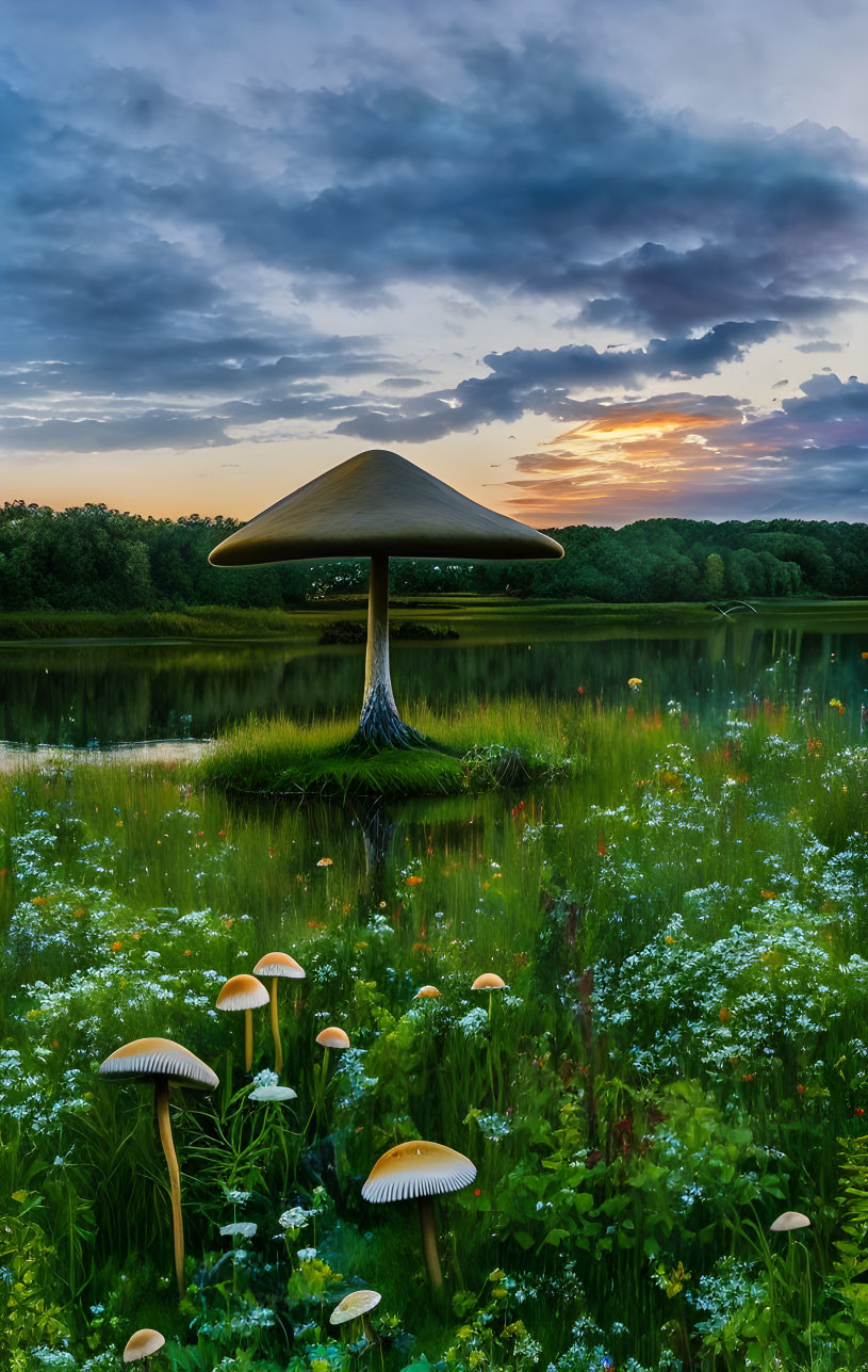 Surreal oversized mushroom on grassy islet at vibrant sunset