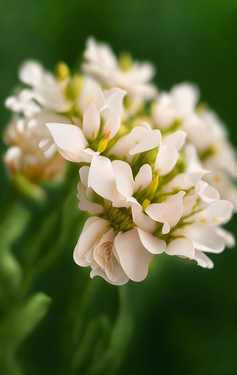 Delicate white flowers in bloom with soft petals on blurred green background