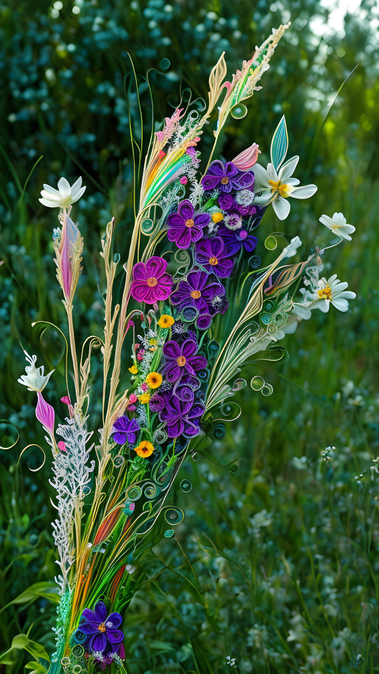 Colorful Bouquet with Purple, Pink, Yellow, White Flowers & Green Foliage