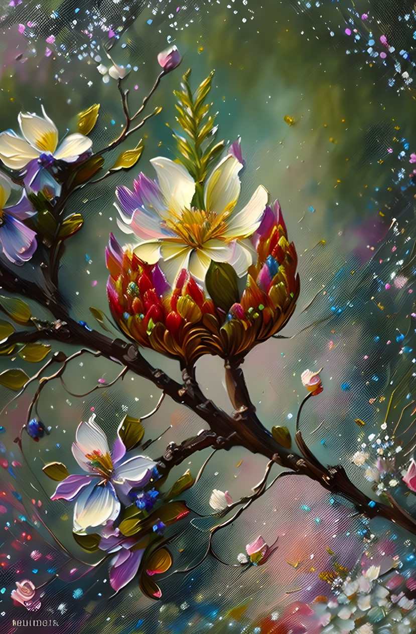 Colorful fantasy flower blooming on dark branch with mystical background