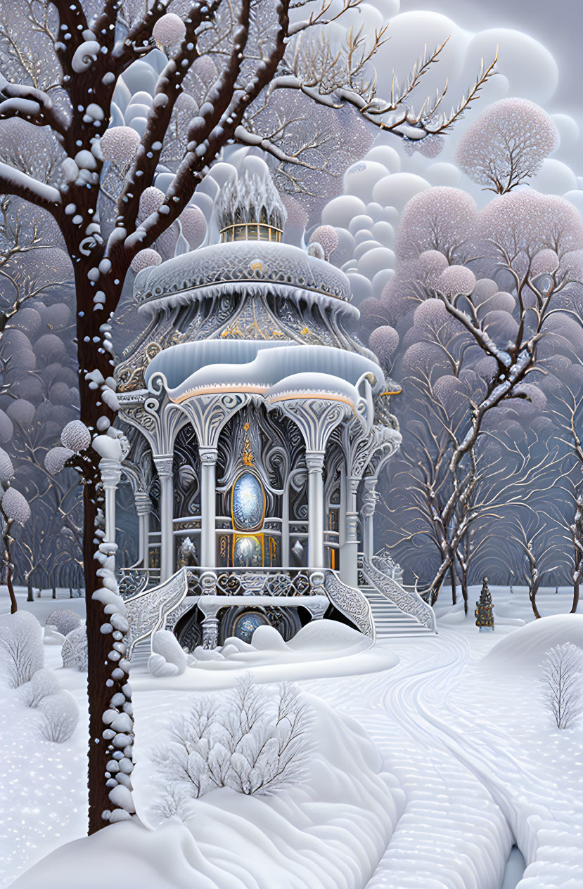 Snowy Pavilion Surrounded by Frost-Covered Trees in Winter Landscape