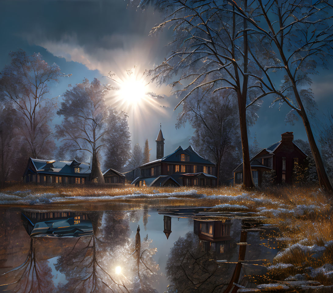 Winter lakeside settlement with sunrays piercing clouds