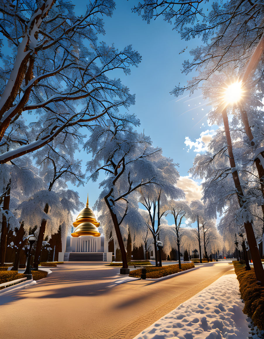 Snow-covered trees and golden dome in serene winter landscape