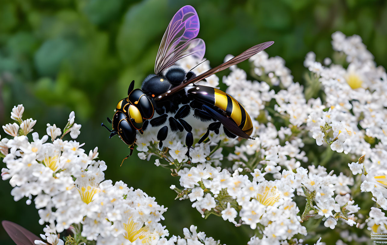 Realistic black and yellow bee model on white flowers with translucent wings