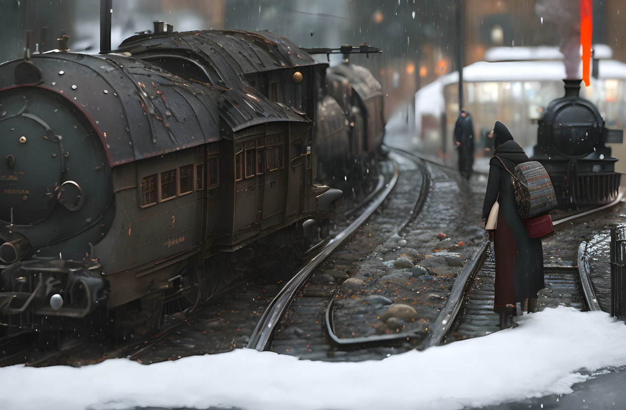 Person with backpack on snowy train tracks between old locomotives in falling snowflakes