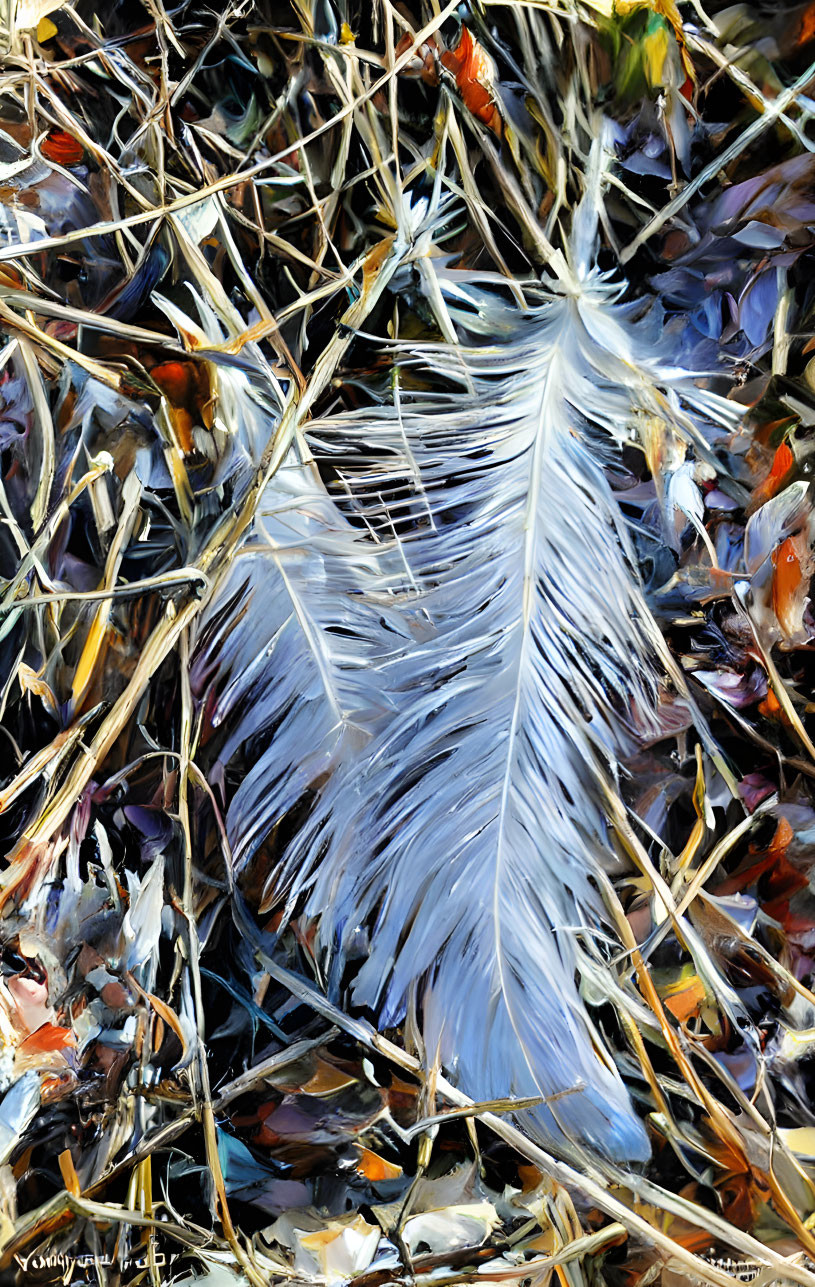 Detailed Painting of White Feather on Straw Bed