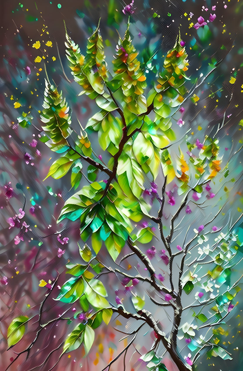 Colorful tree digital painting with lush green leaves and blossoms on soft bokeh background