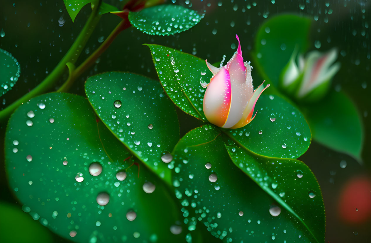 Pink and white bud with water droplets on leaves against green background