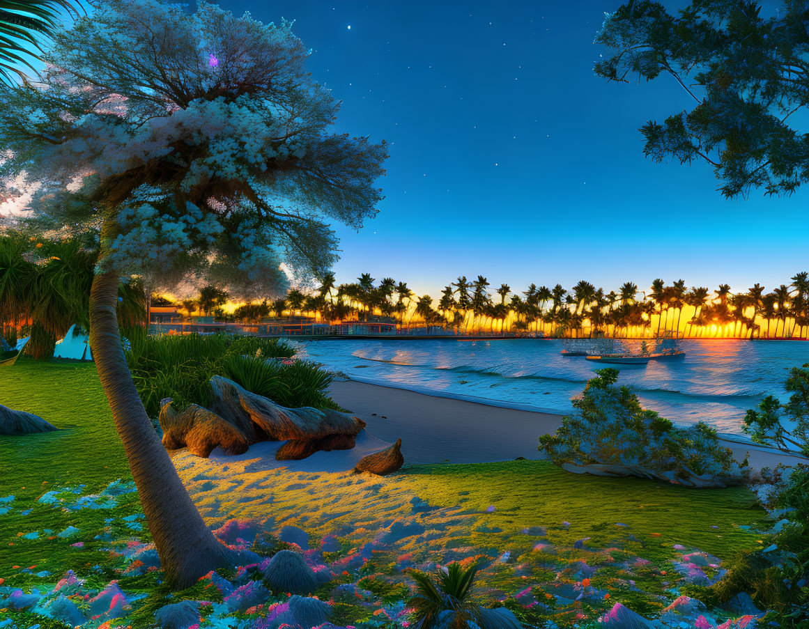 Twilight tropical beach scene with palm trees, stars, serene ocean, and colorful foliage.