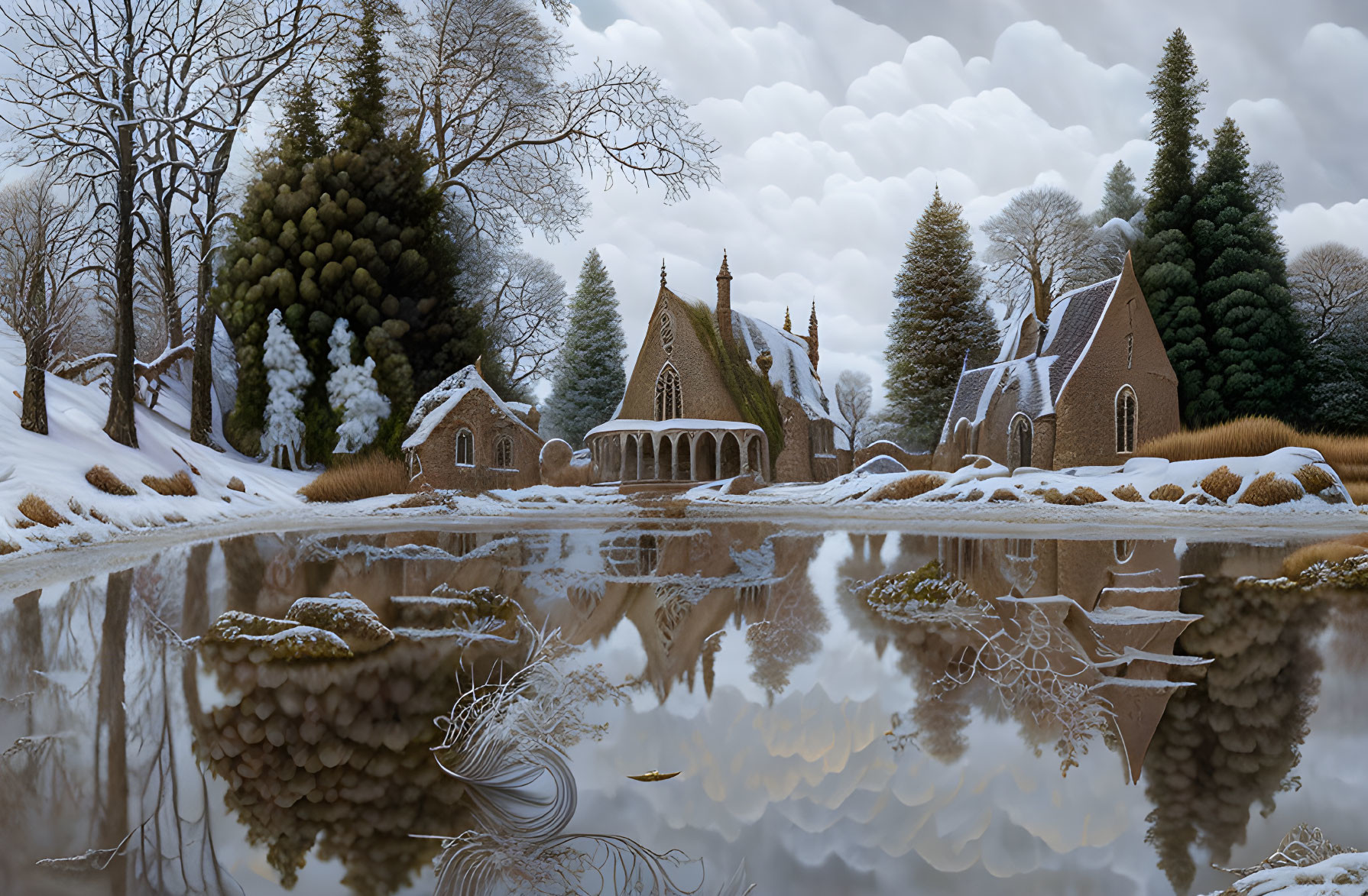 Snow-covered buildings and trees reflected in a still lake on a cloudy day