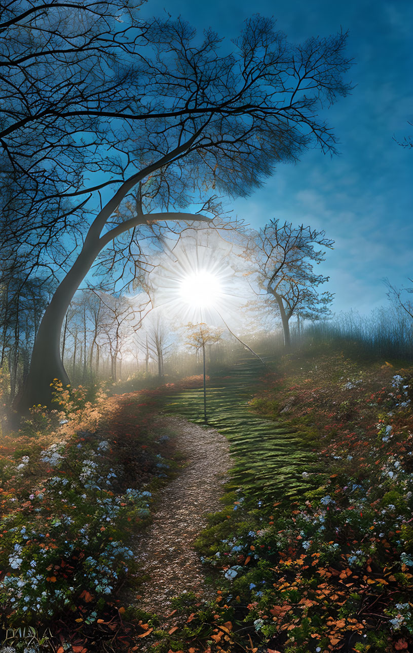 Tranquil forest pathway with sunlight filtering through branches