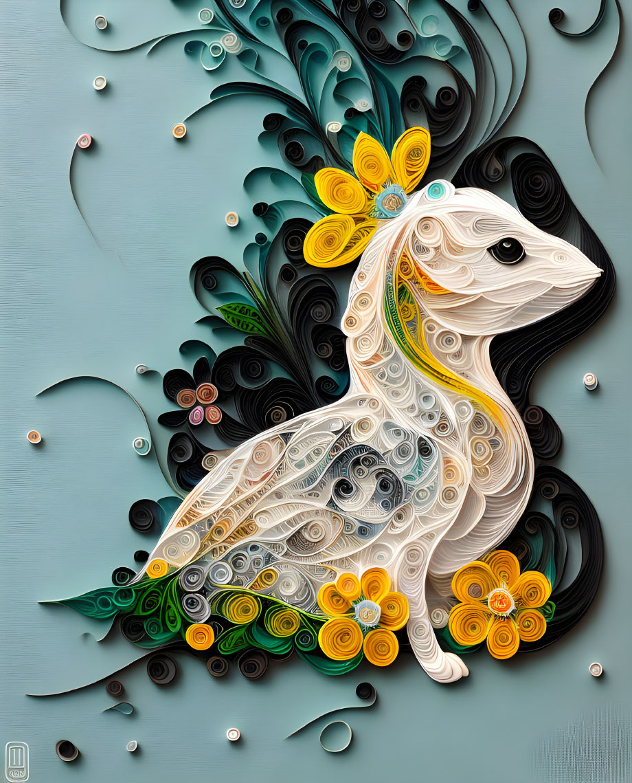 Stylized quilled paper art of white creature with floral patterns