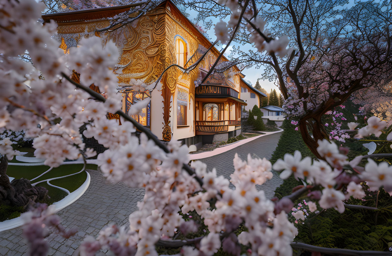 Serene garden with cherry blossoms and illuminated building at dusk