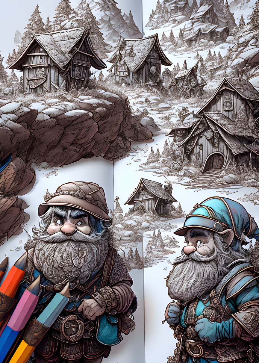 Whimsical snowy village with gnome-like characters and artistic tools