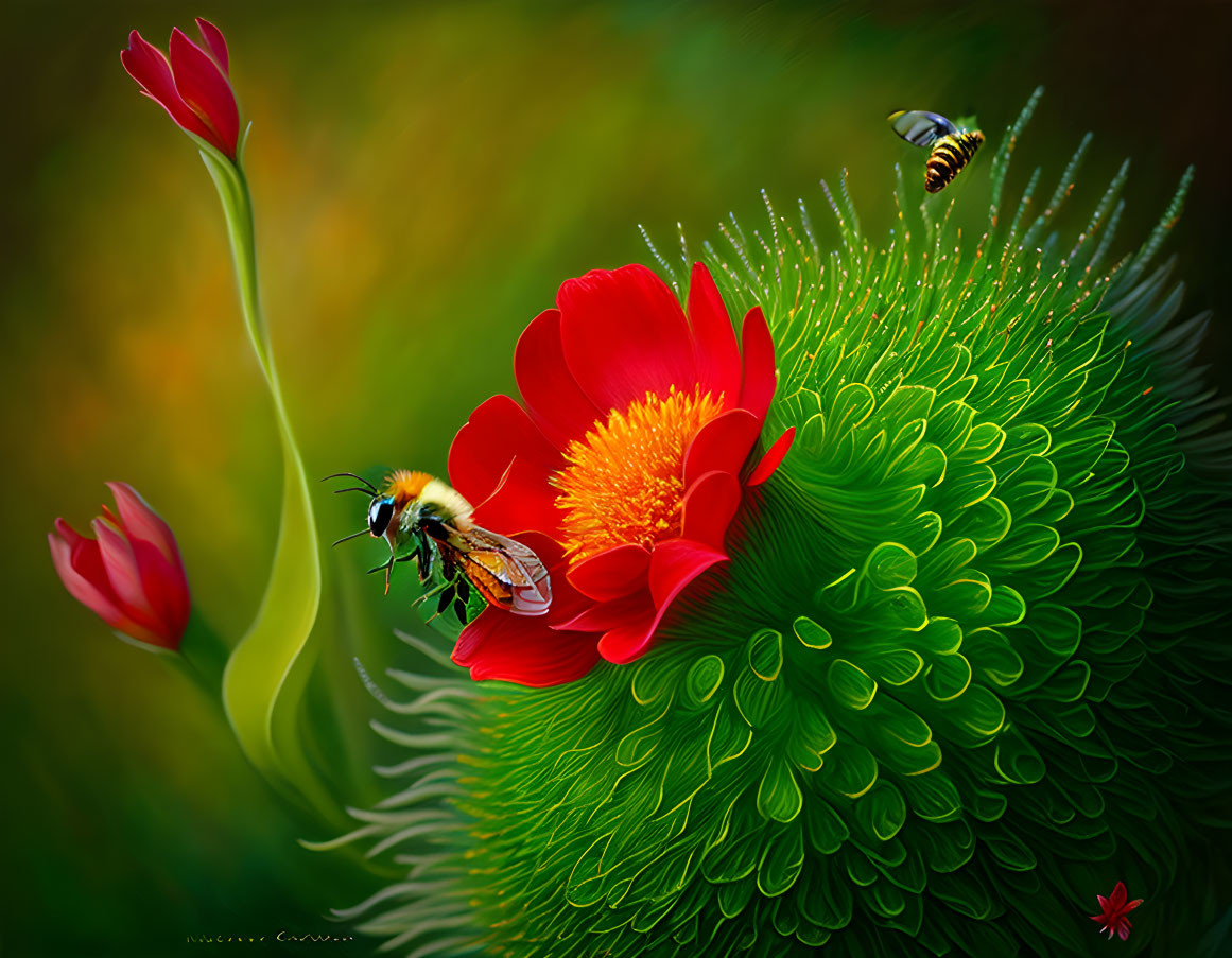 Red flower with yellow center and bees on green sphere