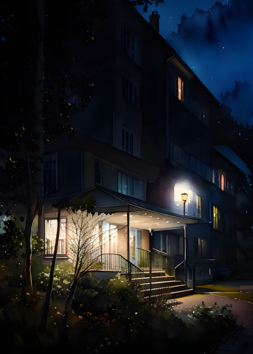 Multi-story Building Illuminated at Night with Fence, Trees, and Starry Sky