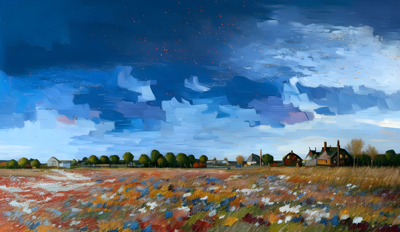 Colorful landscape painting of blooming field and distant houses under starry sky