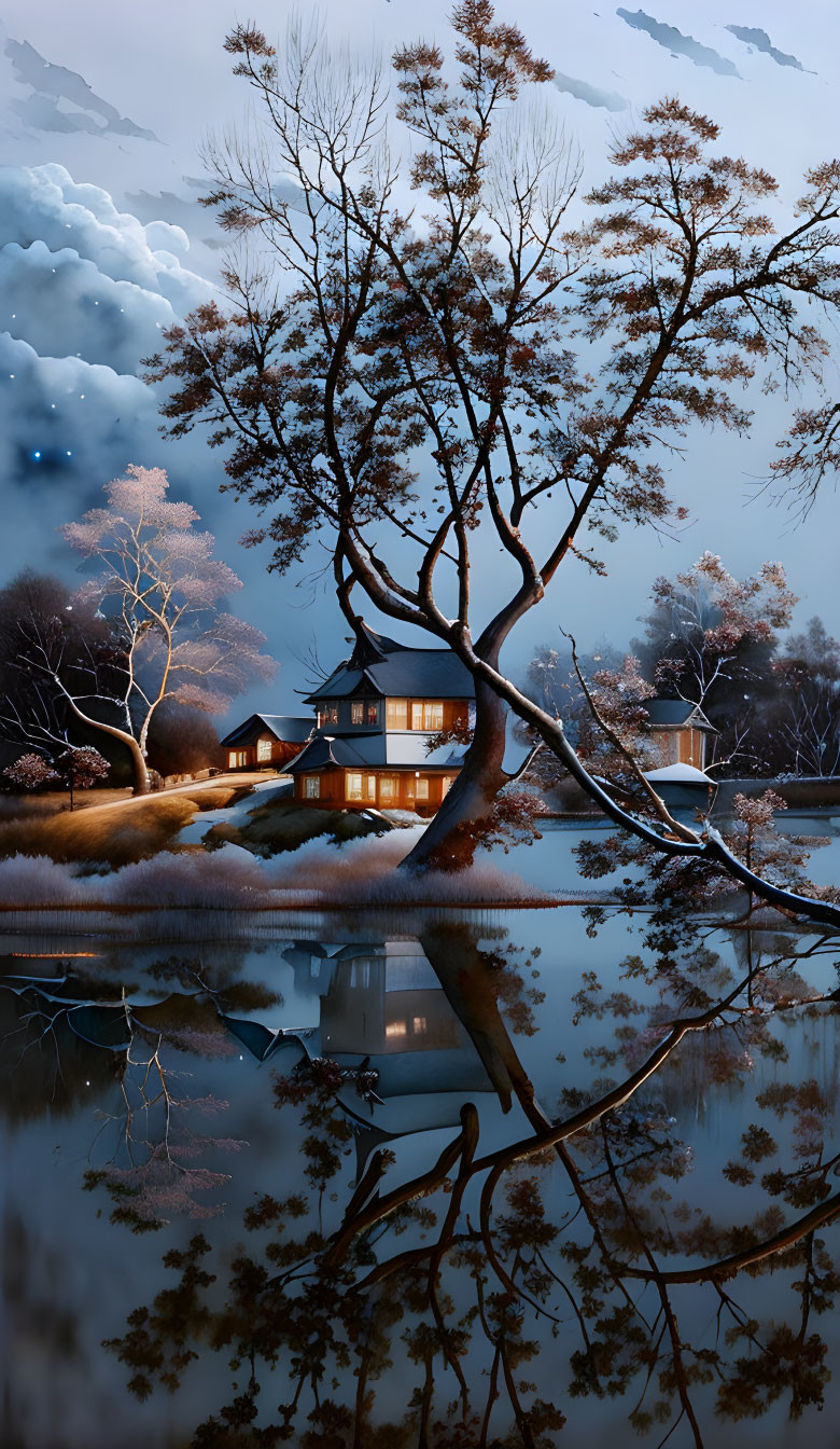 Tranquil twilight landscape with traditional house by lake and trees