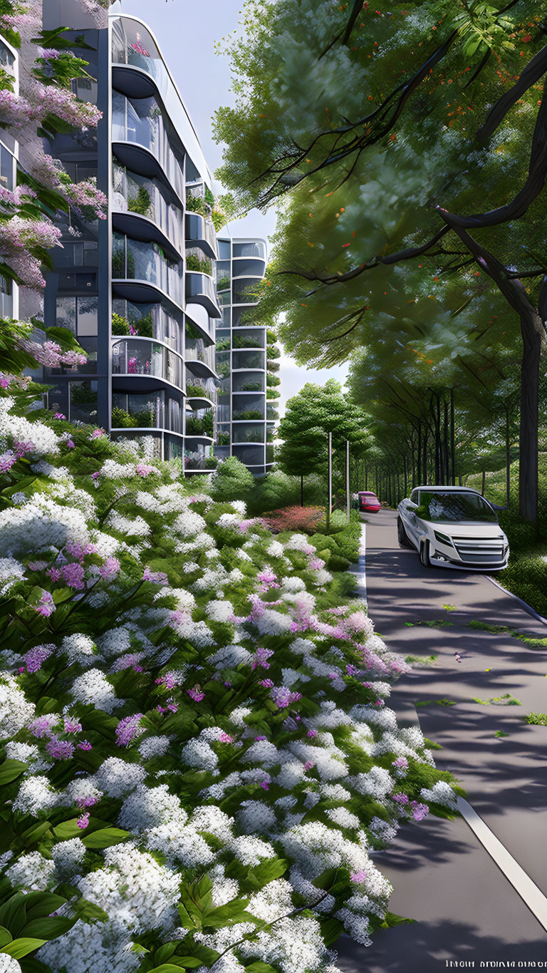 Vibrant urban scene: white car on tree-lined street, flowering bushes, modern buildings.