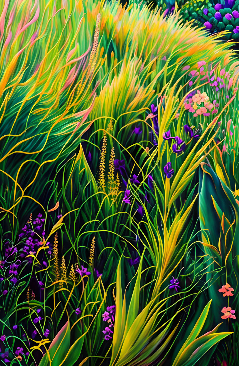 Colorful painting of lush meadow with green and yellow grasses and purple wildflowers