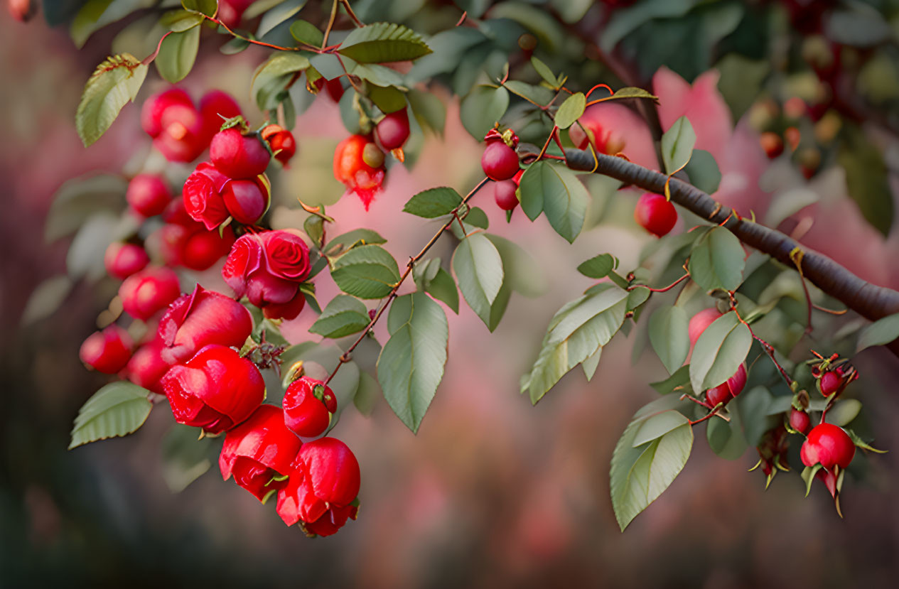 Red Rose Hips on Branch with Green Leaves in Autumn Scene