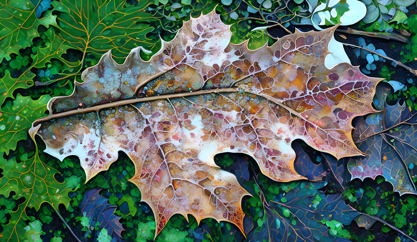 Dew-covered decaying leaf on colorful foliage mosaic.