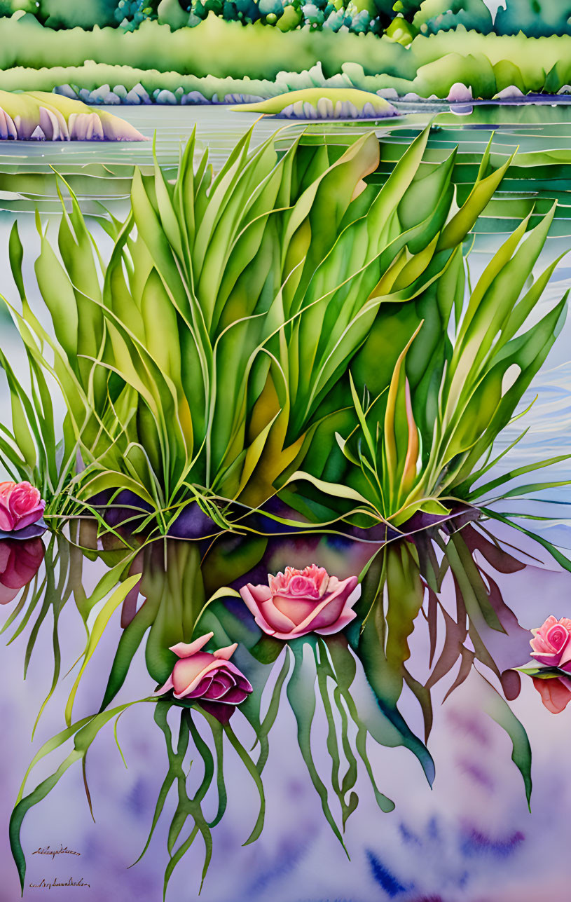 Colorful painting: Green foliage, pink waterlilies, calm water reflection, dreamy pastel