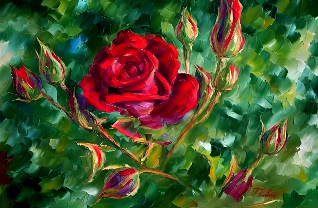 Impressionist-style painting of red rose and buds on green background