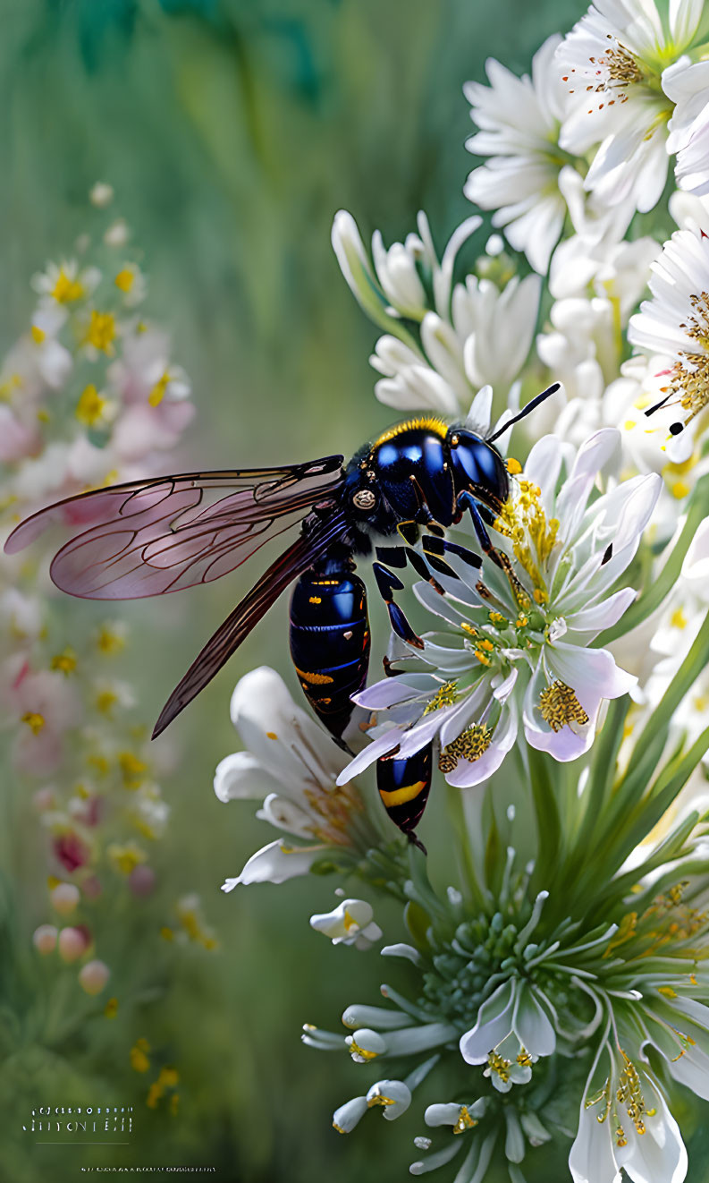 Black and Yellow Wasp on White Flowers with Transparent Wings