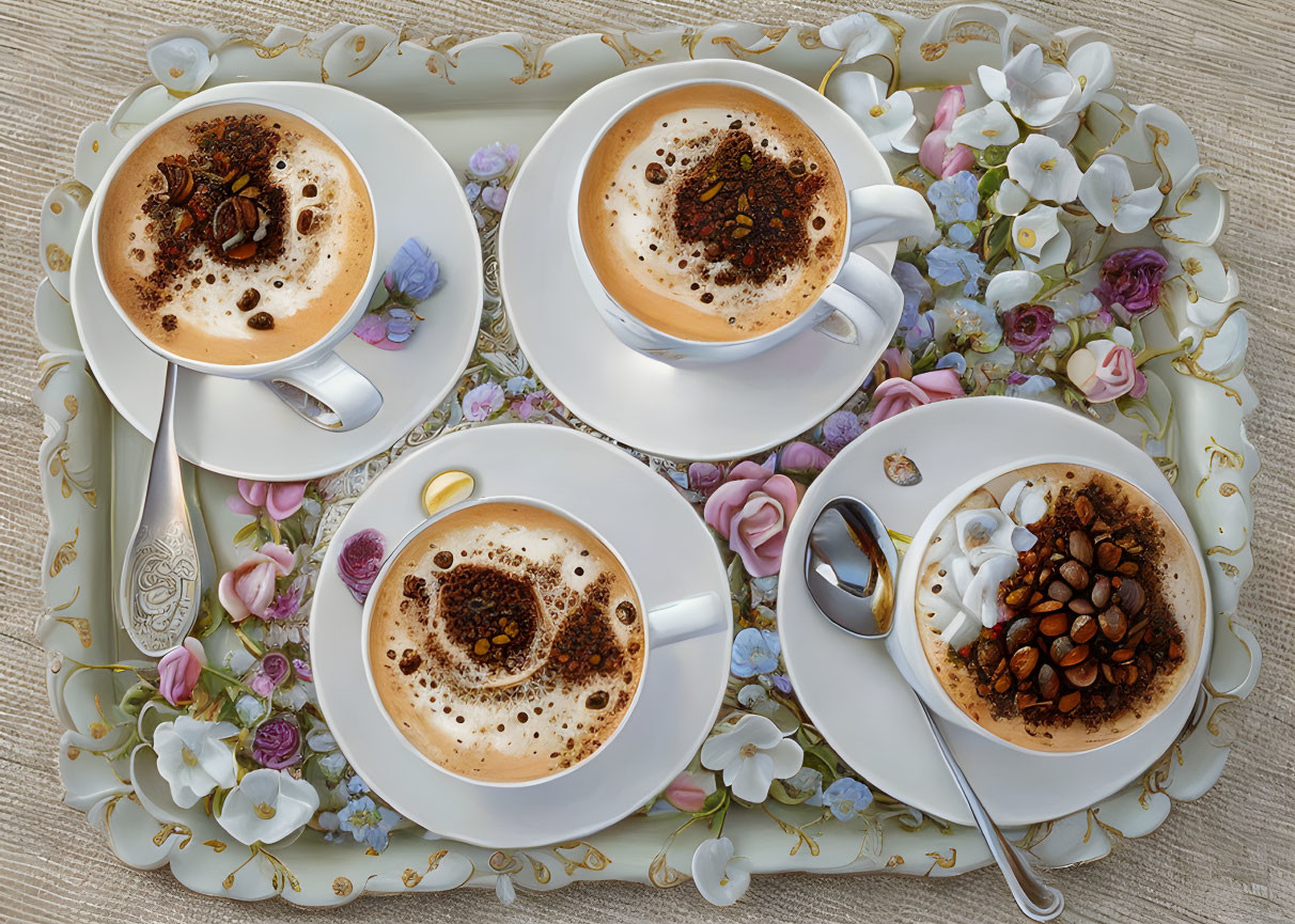 Cappuccino with artistic froth on floral tray