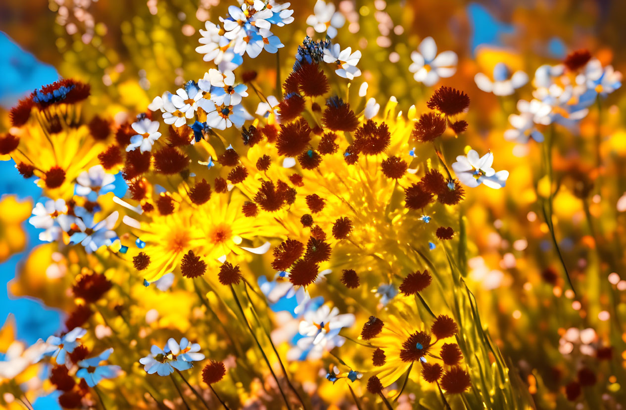 Colorful Wildflowers Under Blue Sky in Bright Sunlight