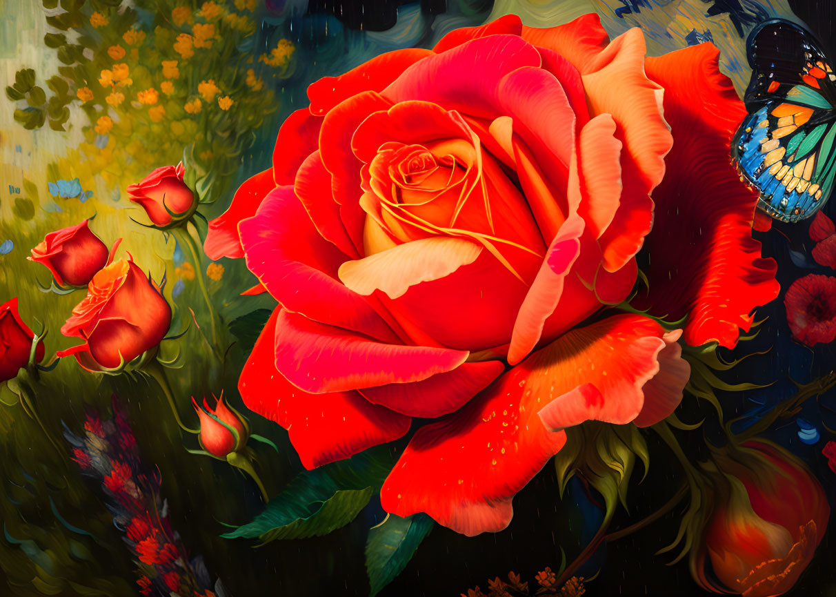 Colorful painting of red rose, buds, and butterfly on dark background