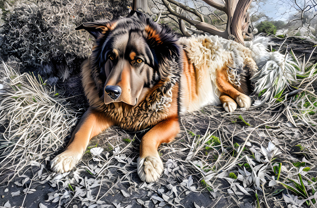 Fluffy Tricolor Dog Resting in Dry Grass