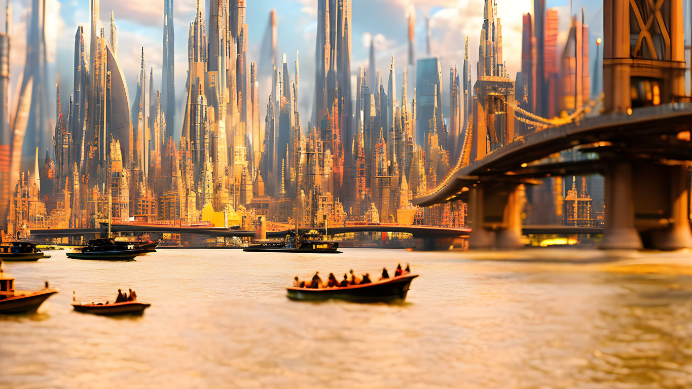 Futuristic cityscape with skyscrapers, bridge, and river boats