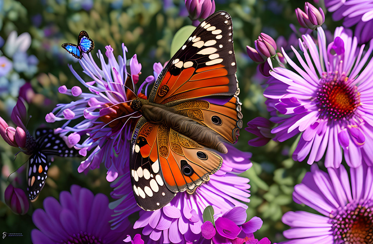 Colorful butterfly on purple flowers with smaller butterfly in lush greenery