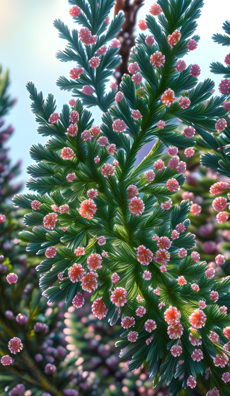 Colorful Fir Tree Branch with Soft Needles and Pink Pine Cones in Natural Light