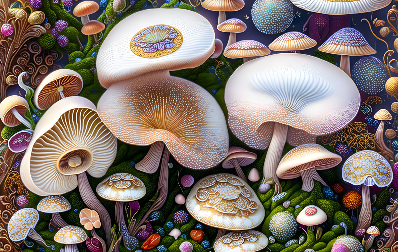 Colorful Stylized Mushroom Illustration Among Greenery