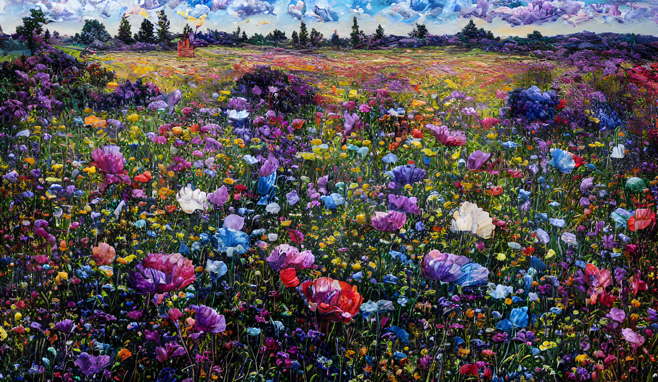 Colorful Flower Field Painting Under Dramatic Purple Clouds