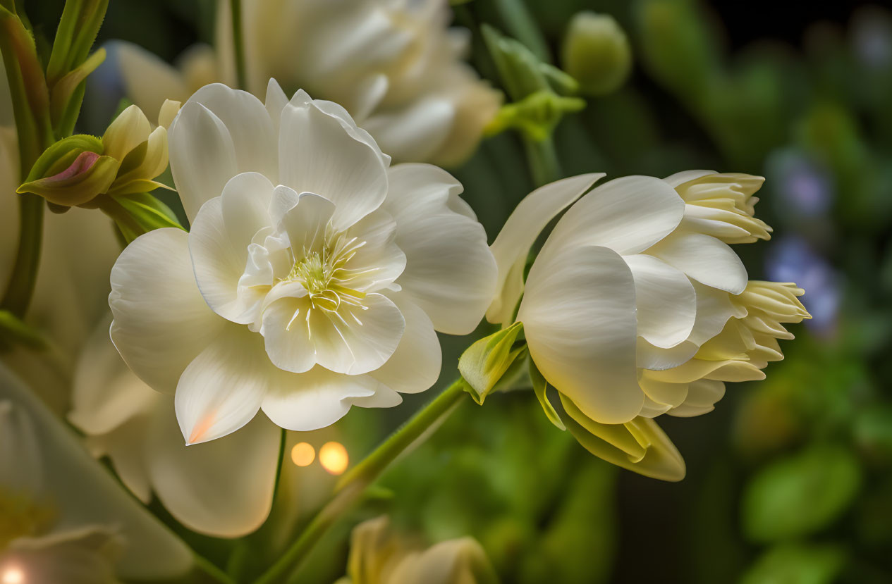 Blooming white flowers with delicate petals and visible stamens on dark blurred background